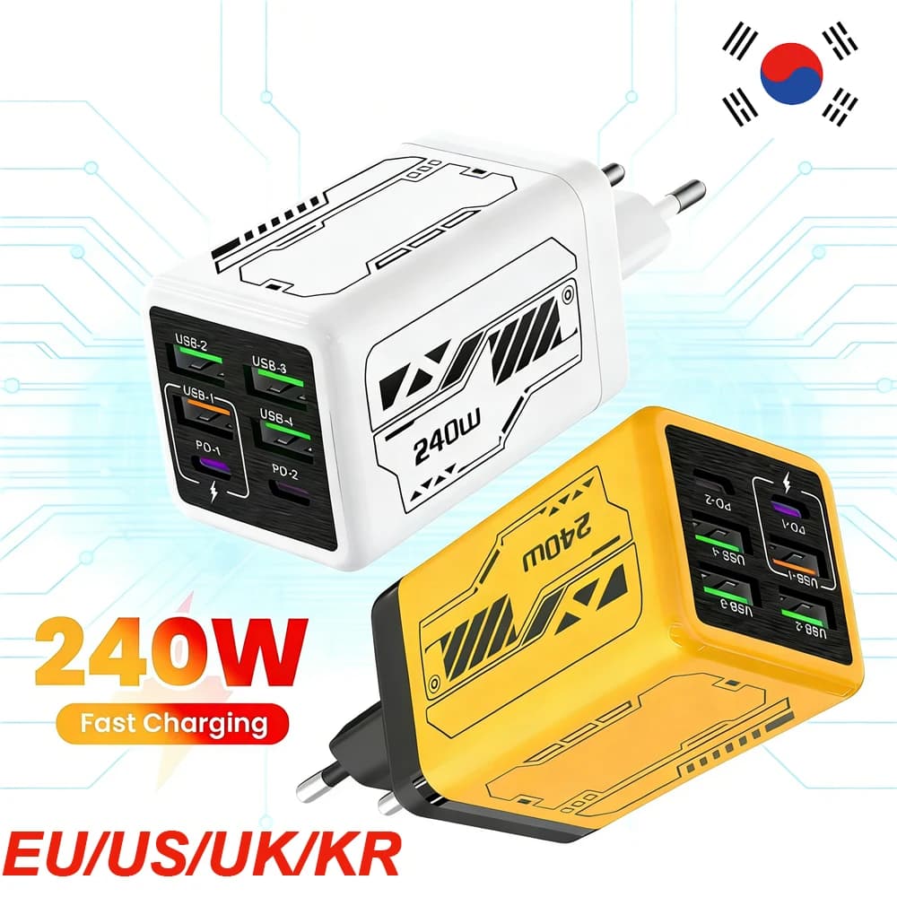 6 in 1 USB Charger 240W Type C Fast Charging Mobile Phone Travel Power Adapter For iPhone 17 16 Samsung USB3.0 EU/UK/US/KR Plug