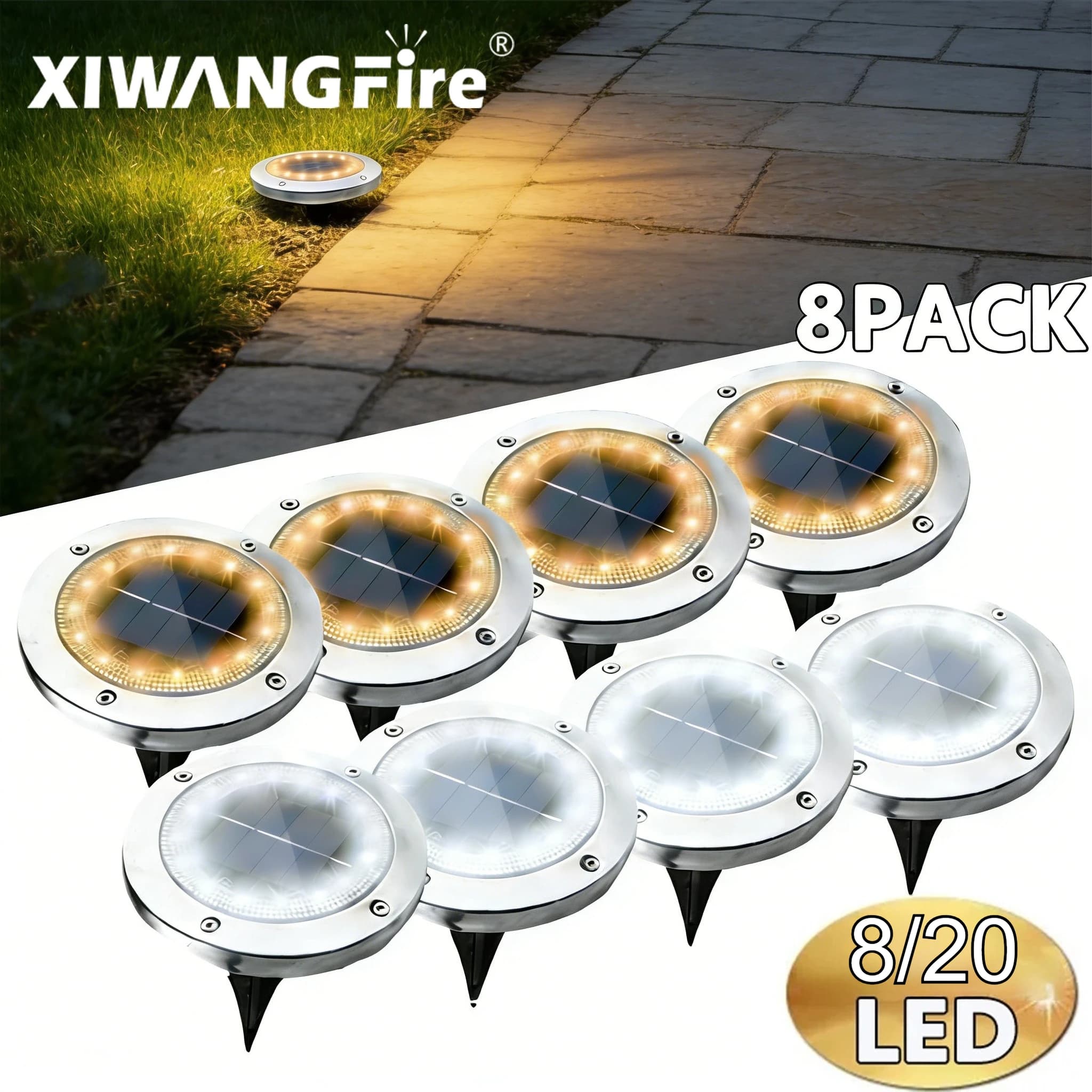 Solar Downlight Lights, 8/20 LED Waterproof, Outdoor Garden Light, Driveway, Landscape, Decoration