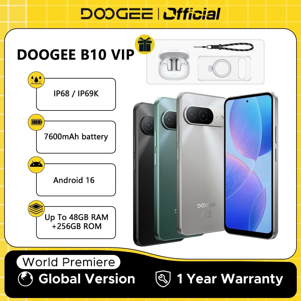 Versione Globale DOOGEE B10 Smartphone Android 16 Batteria da 7600mAh 6GB 256GB Display da 6.6'' Fotocamera AI da 64MP Telefono Cellulare IP68 / IP69K