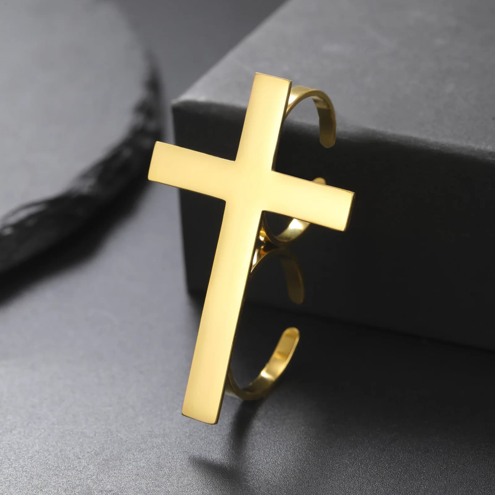 Unisex Retro Gothic Double Finger Cross Open Ring 304 Stainless Steel Big Cross Fashion Adjustable Finger Jewelry For Daily Wear