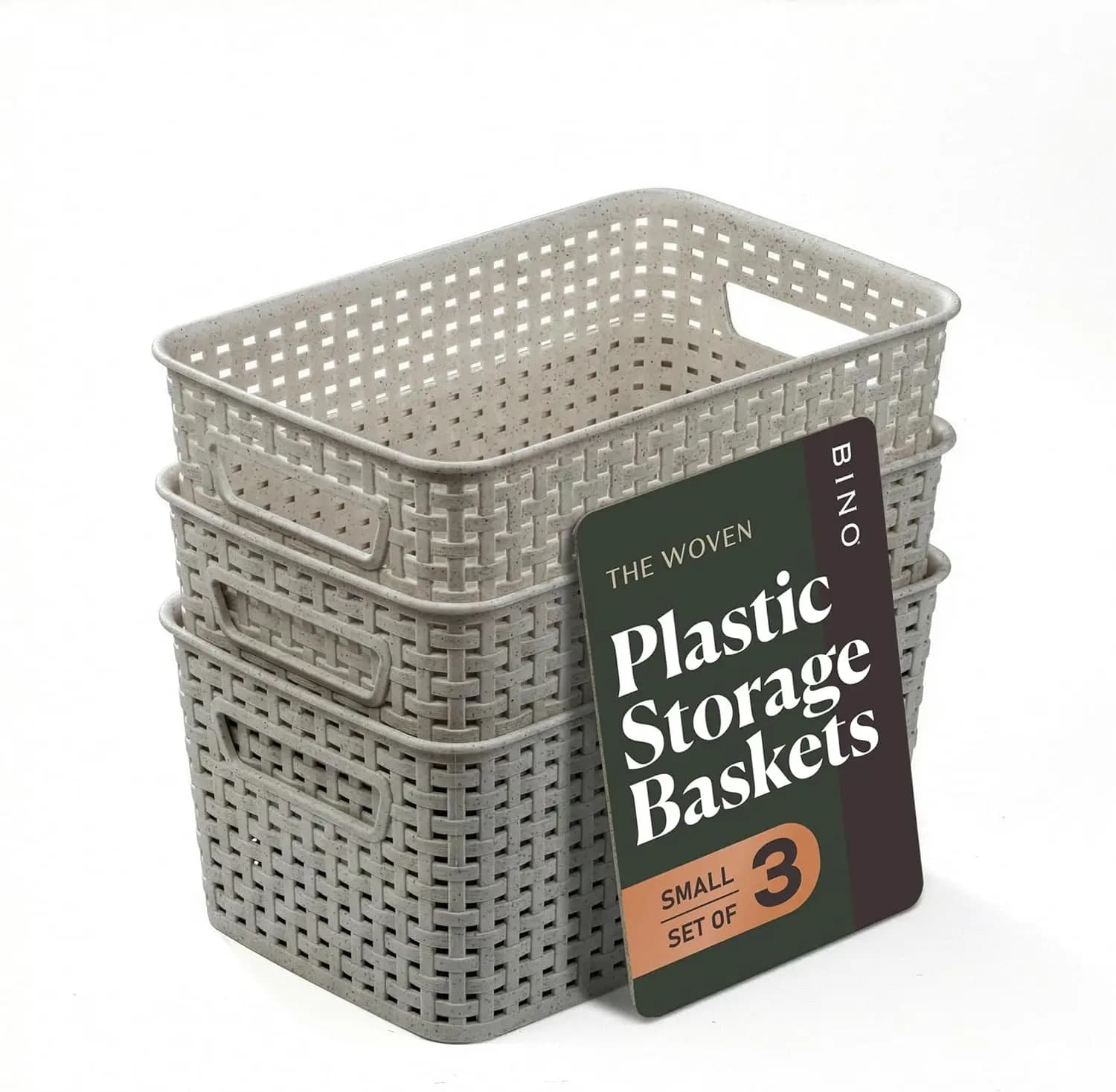 Cesti portaoggetti in plastica 5,5L, confezione da 3, grigio naturale, cesti intrecciati per scaffali e dispensa