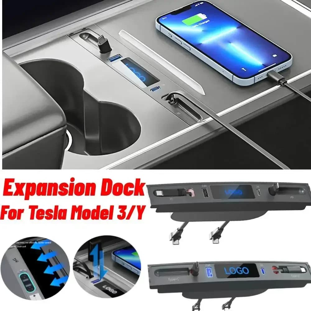 Docking station Tesla Model 3/Y - Ricarica rapida PD3.0 da 27 W e 4 porte USB con cavo estensibile da 80 cm (Plug and Play)