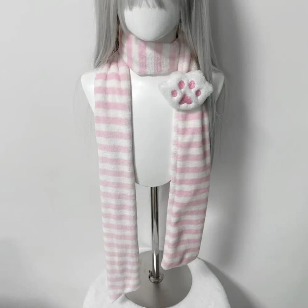 Cute Winter Knitted Scarf Warm Y2K Stripe Scarf Soft Kawaii Cat Paw Scarf Outdoor