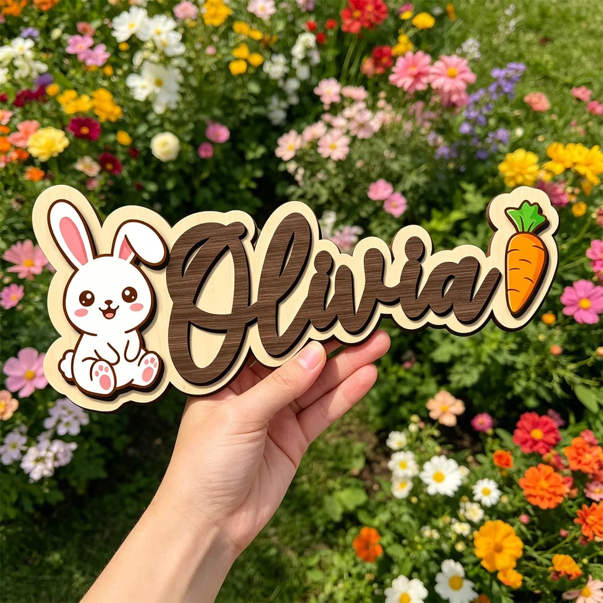 1pc wooden logo, customized name/letter, cartoon rabbit and carrot pattern, ideal gift for birth, baptism and wall decoration
