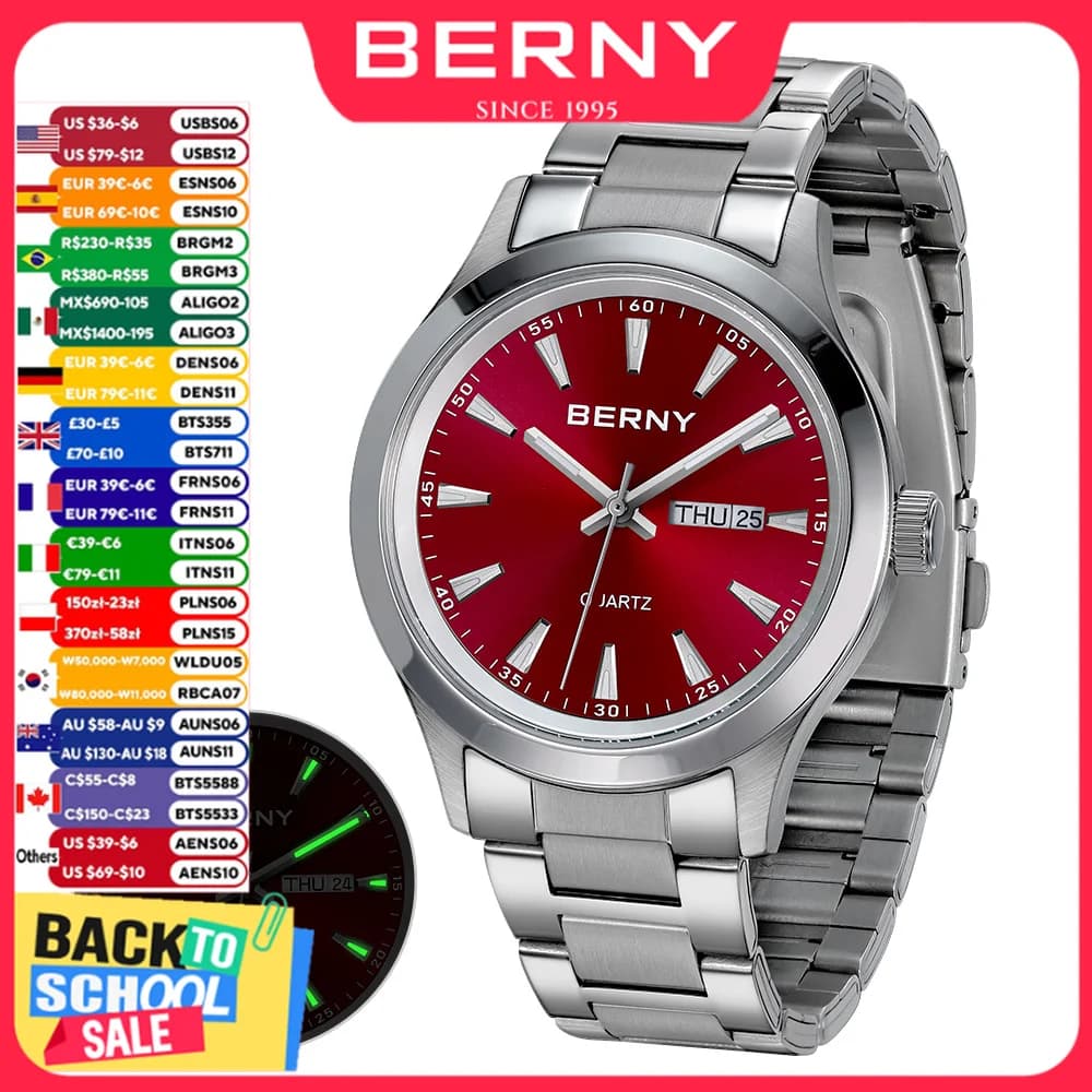 BERNY orologio al quarzo da uomo orologio da polso con struttura alla moda per uomo orologio da uomo Ultra sottile calendario luminoso orologio da polso in acciaio inossidabile