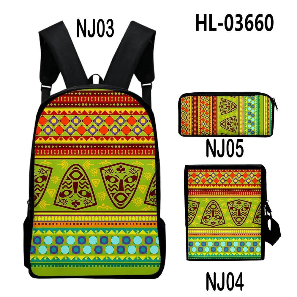 Borse da viaggio per studenti con stampa 3D in stile etnico giovanile Harajuku, set da 3 pezzi, borsa da viaggio per laptop, zaino, borsa a tracolla, astuccio per matite