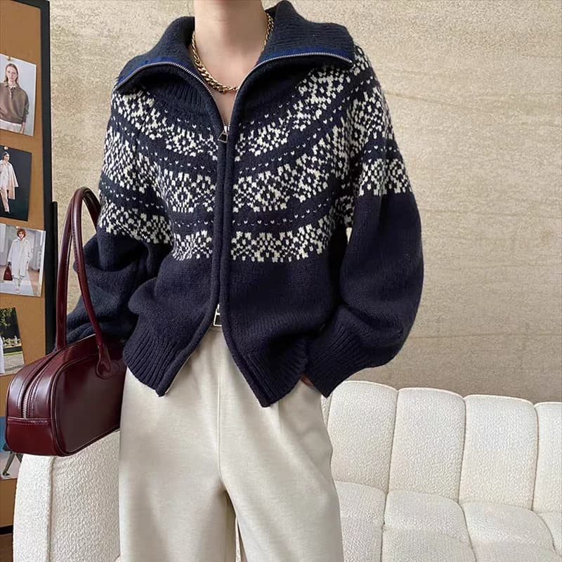 Maglione da donna Fair Isle con cerniera sul davanti, colletto con cerniera, giacca in maglia, maglieria accogliente, per adolescenti, autunno inverno, abito vintage