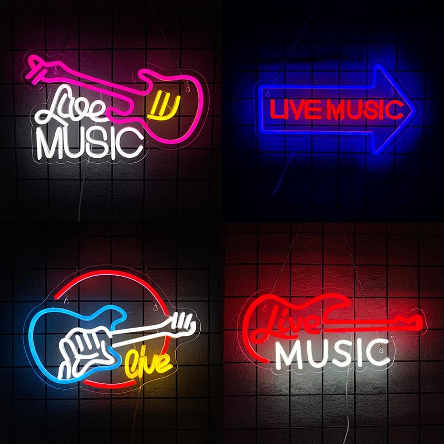 Insegna al neon della serie Live Music per decorazioni murali, insegna luminosa per decorazioni di sale di trasmissione, bar, club, studi di registrazione, decorazioni per feste