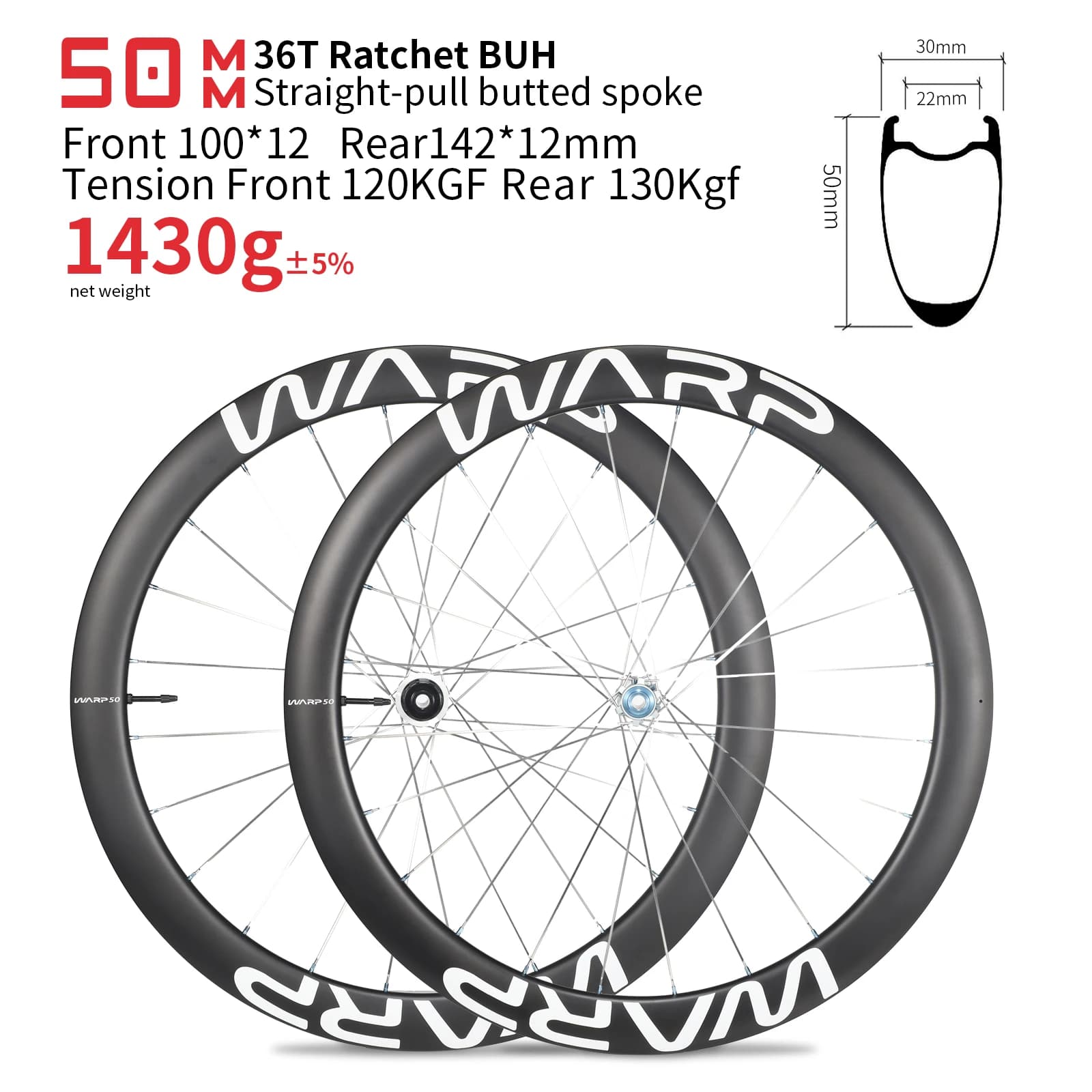 Set di ruote in carbonio ultraleggero da 50mm 1430g 36T cricchetto 24 raggi 100*12 142*12 blocco centrale freno a disco cerchi per bici da strada ruota per bici 700C