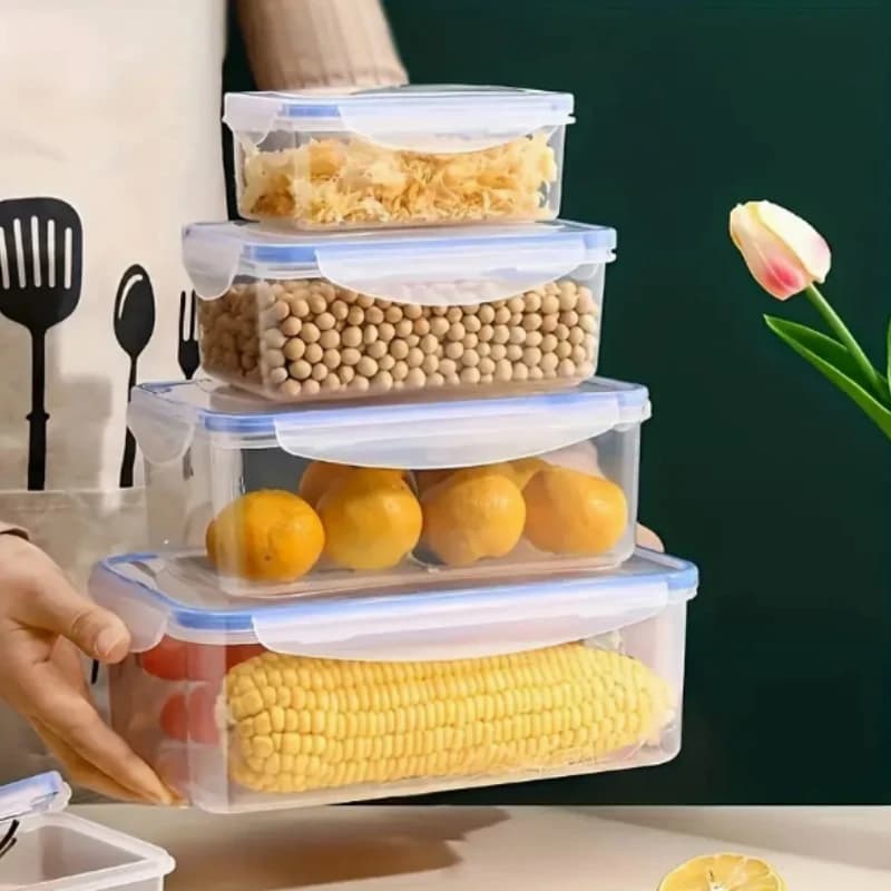 Set di 4 Contenitori Rettangolari Sigillati per Frigorifero con Coperchio, Scatole in Plastica per Conservazione Alimenti, Adatte al Microonde