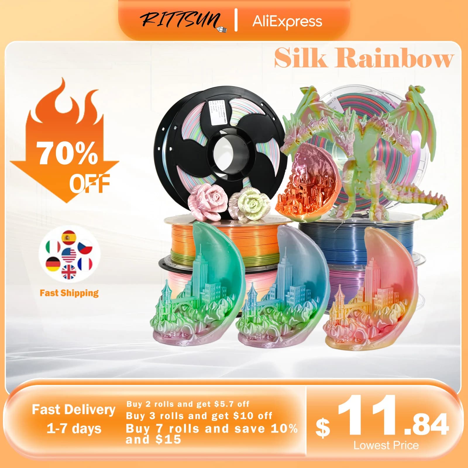 RITTSUN PLA Silk Rainbow Filament 1.75mm Multicolor Silk PLA filament for 3D printer 1KG Spool 3D printing material for 3D printing