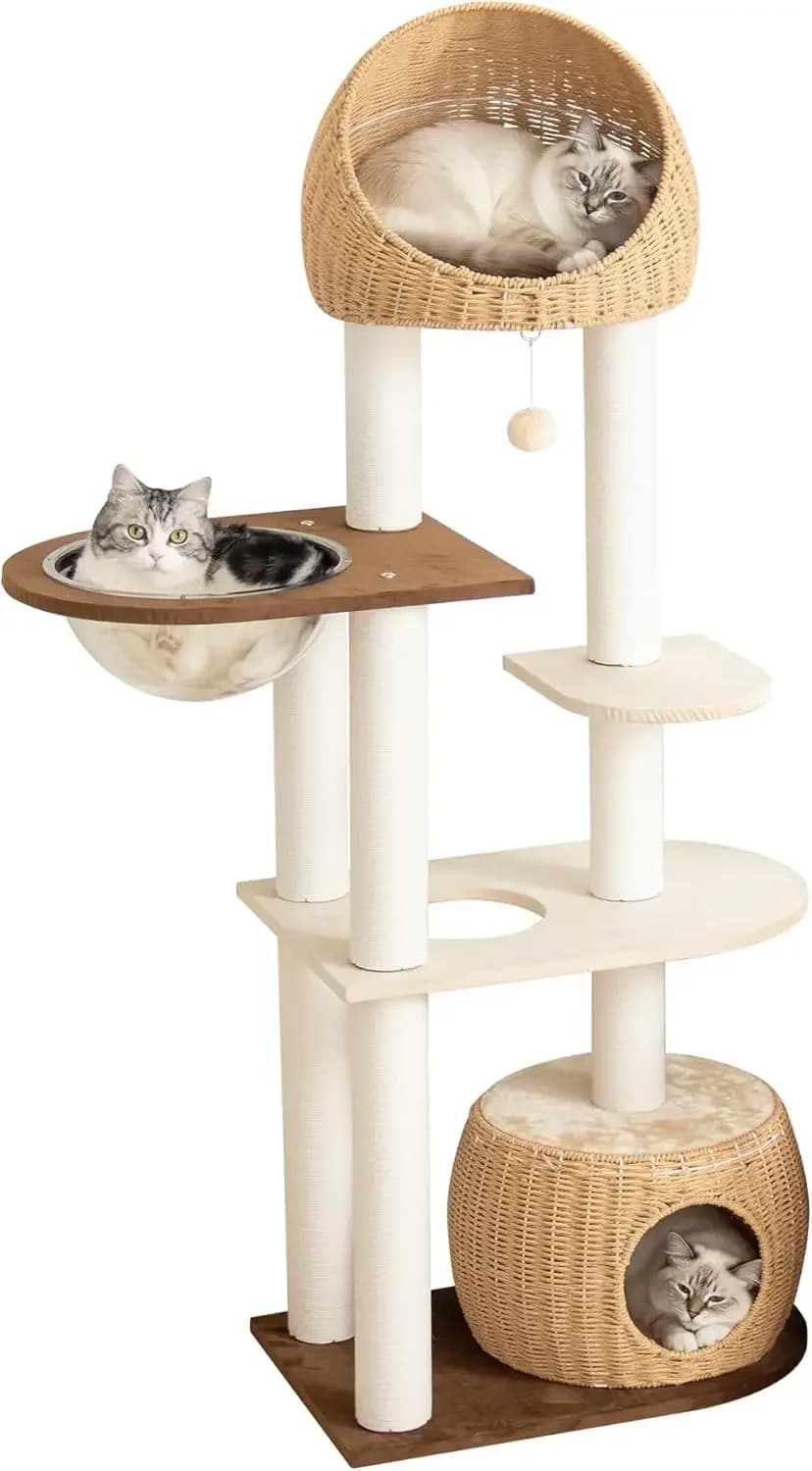 Tall Cat Tree For Large Cats Cat Tower With Scratching Post Multi Level Condo Woven Bed Acrylic Bowl Brown Board