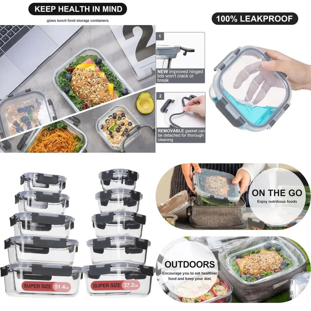 Contenitori ermetici per la conservazione degli alimenti in vetro, set da 20 pezzi per la preparazione dei pasti, a prova di perdite, per microonde, forno e lavabili in lavastoviglie
