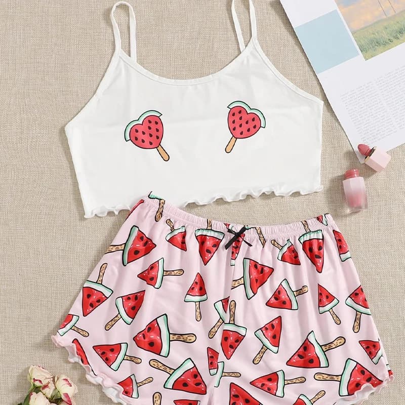 Set of nightwear for sexy woman home with pink printed watermelon straps in milk silk in two new summer comfortable pieces