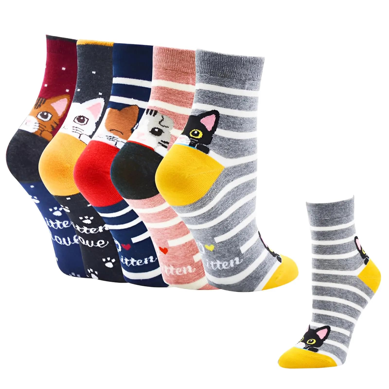 5 Paia di Calzini da Donna con Gatti Carini, Calzini a Tema Animale Cartone Animato, Calzini Divertenti in Cotone con Gattini, Set Regalo di Calzini Casual Colorati