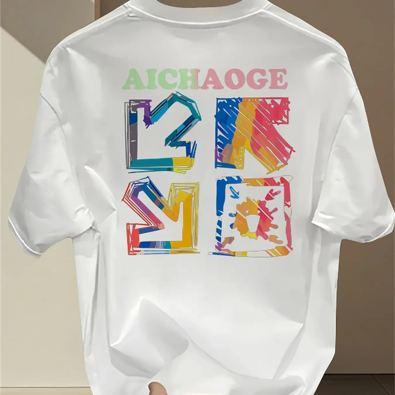 Artistic Abstract Letter Pure Cotton T-shirt Rainbow Graffiti Pattern Minimalist Men's Fashion T-shirt