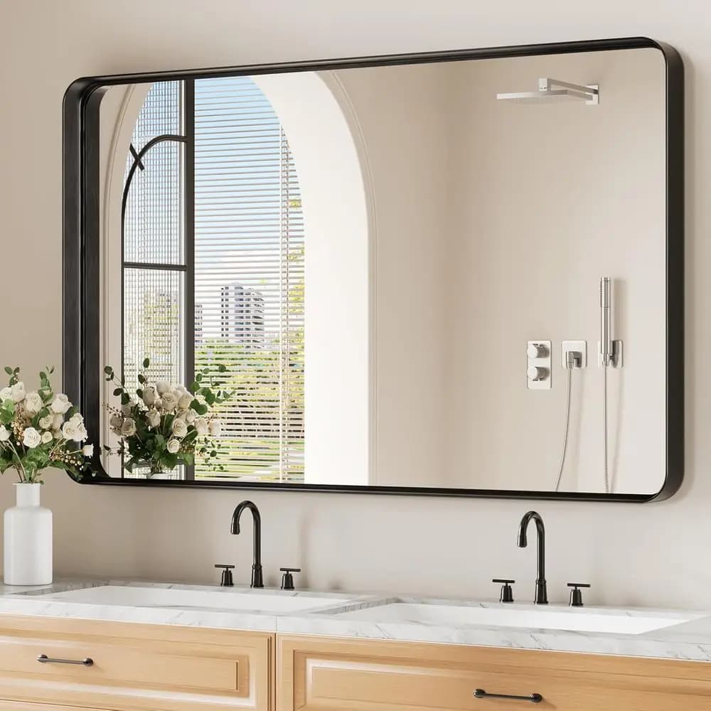 Specchio da Bagno Nero o da Parete, 30x48 Pollici, in Metallo Opaco con Bordi Profondi e Arrotondati, da Parete o Sopra il Lavabo, in Vetro Temperato Antirottura