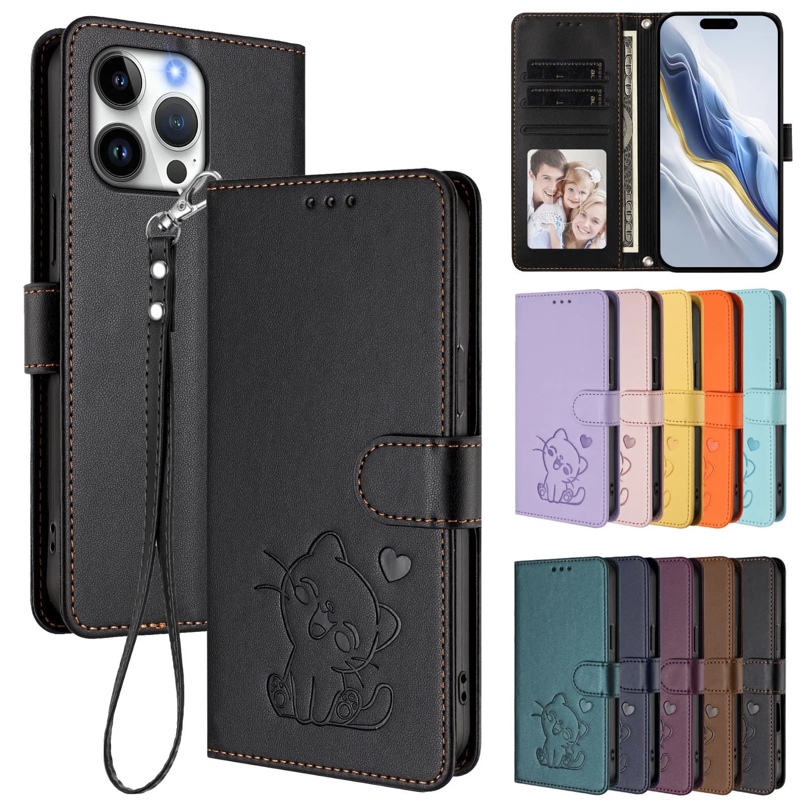 Leather Flip Wallet Case for XiaoMi RedMi A5 A4 A3 A3X Pro 4G 5G Cover Kickstand Cute Cat Embossed Design