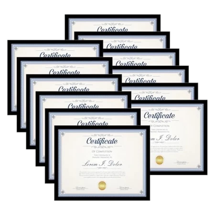 Set di 12 Cornici Nere 8.5x11 per Foto, Documenti, Certificati, Premi, Diploma, da Appendere o da Tavolo