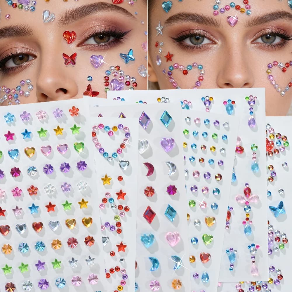 6 Pieces Colorful Star Shape Stickers, Moon, Heart, Gemma, 3D Flower in Acrylic and Butterfly, Self-adhesives for Umbrella, DIY Diamonds for Body, Eyes and Face