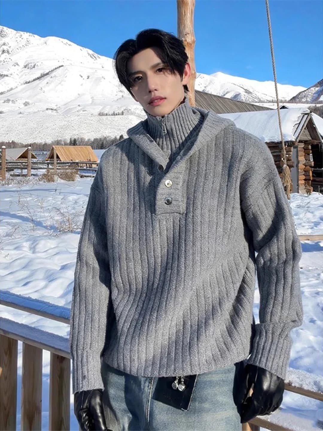 Gray High Collar Knitted Sweater Men's Winter Thickened Stripe Hoodie Casual Style Fake Two-Piece Soft Warm Long Sleeve Coat