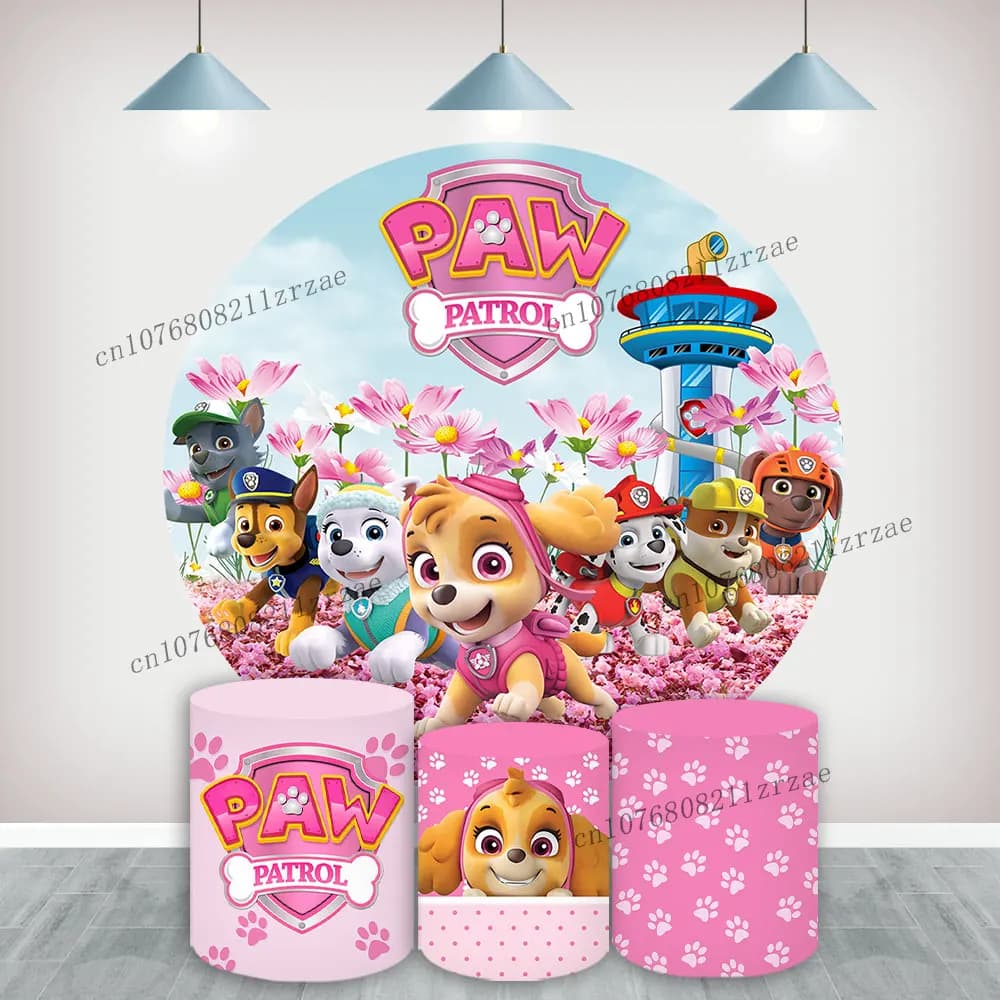 The Paw Patrol Skye Sfondo rotondo Decorazioni per feste di compleanno per ragazze Sfondo Poster per banner fotografico per baby shower con cane rosa