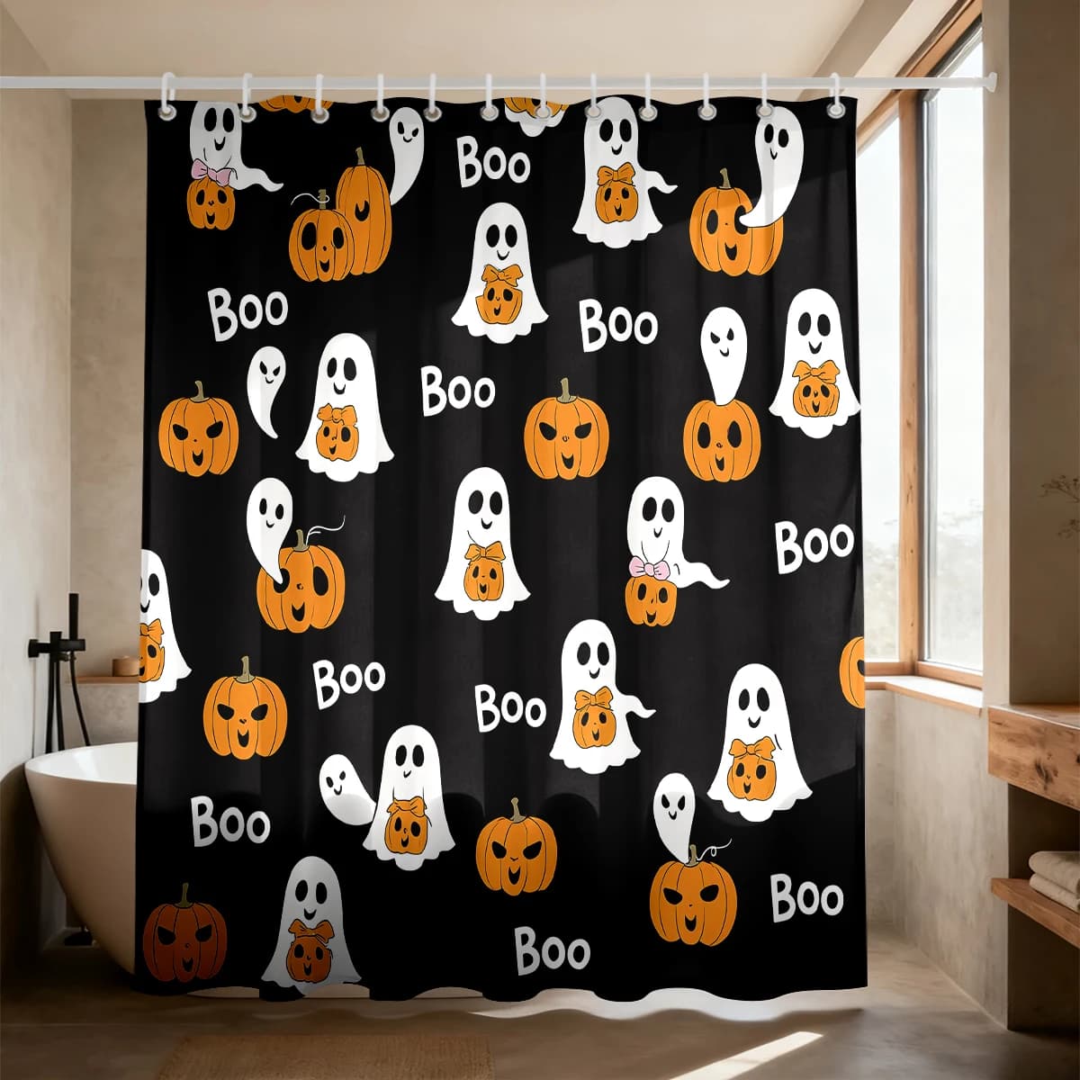 1PC Ghost Pumpkin "Boo" Print Shower Curtain, Waterproof Space‑Dividing Privacy Curtain, Fashionable Household Bathroom Art D