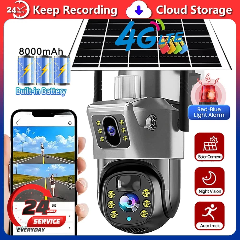 V380 Pro WiFi Telecamera solare 4G Doppie lenti Esterna 8MP Batteria a bassa potenza Telecamera IP PIR Visione notturna 4K CCTV Protezione di sicurezza