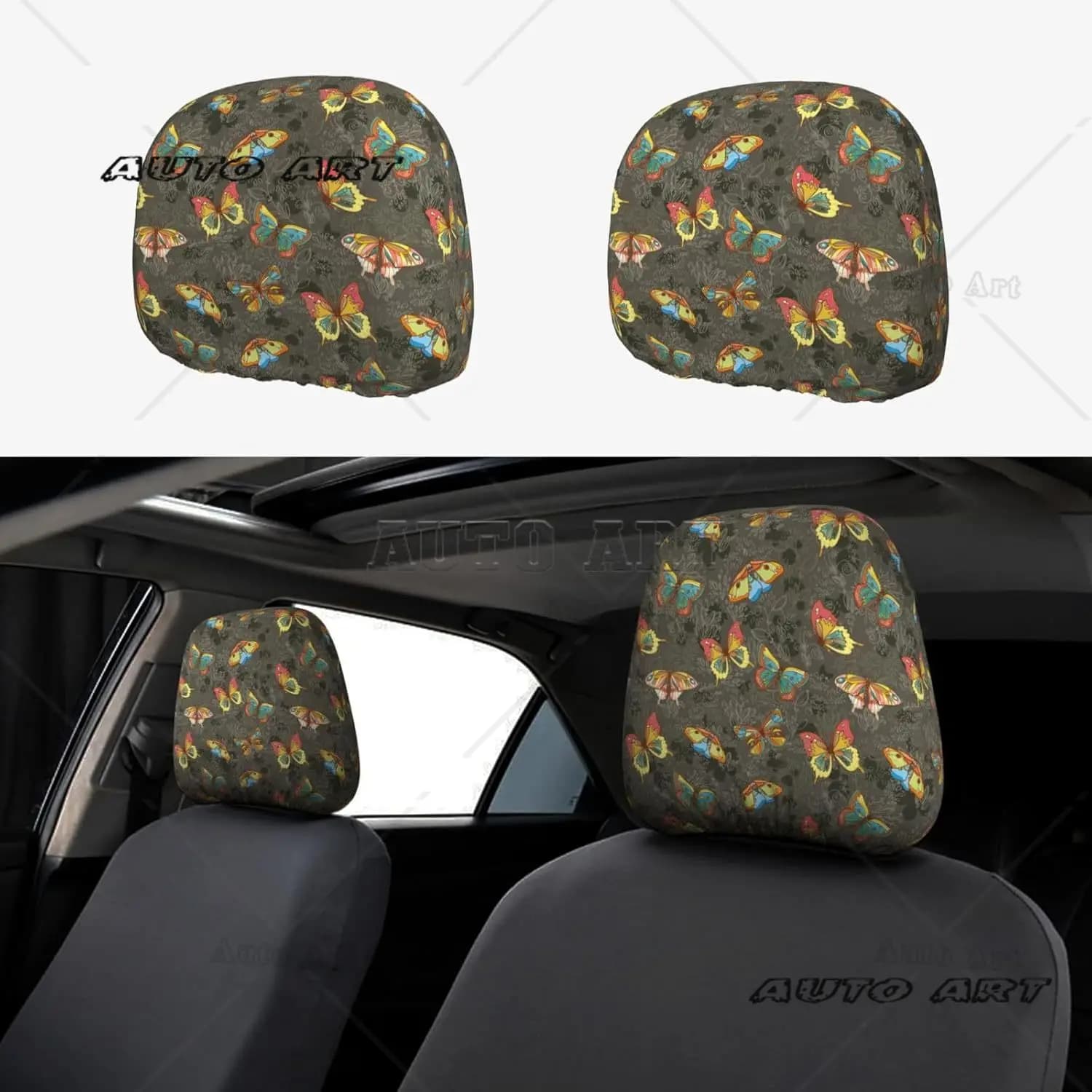 Butterflies and flowers 2 pieces Covers headrest for cars Covers headrest for soft car seat Protection for universal headrest Anti-sporco covers