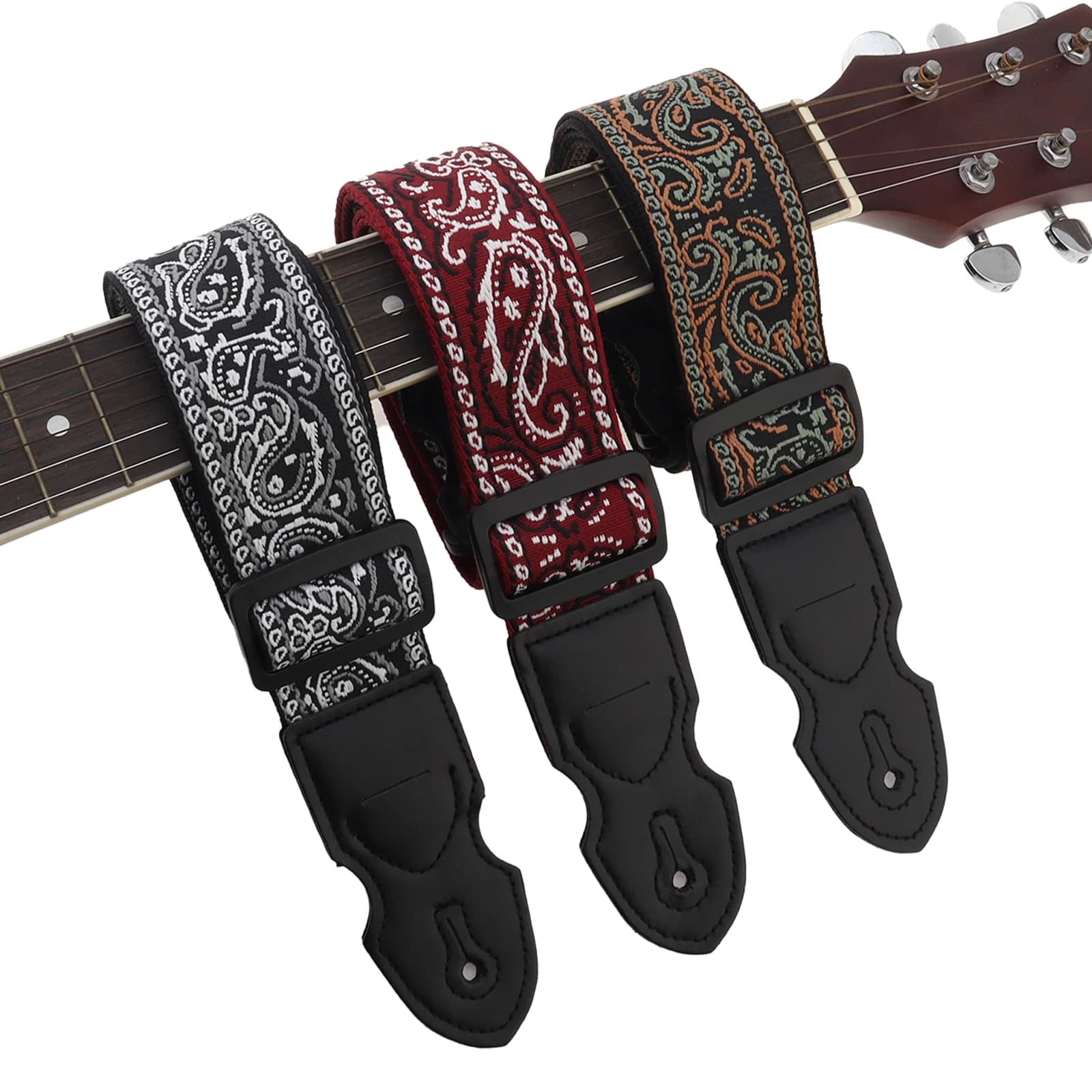 1 tracolla per chitarra regolabile per PC, estremità in pelle PU, stile ricamato con slot per plettro per chitarra