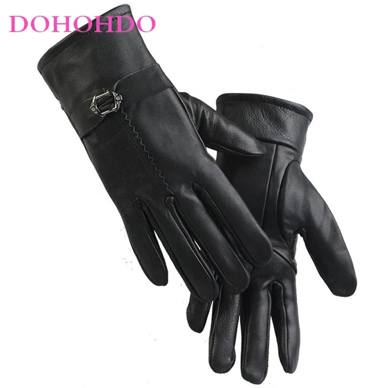 Sheepskin Black Gloves Women's Autumn And Winter Velvet Warm Leather Gloves Waterproof Windproof Riding Velvet Motorcycle Gloves