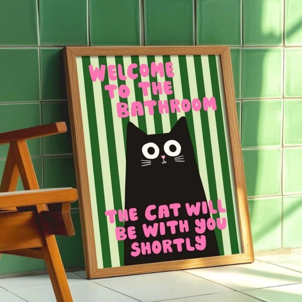 1 pezzo di stampa di gatto nero per bagno senza cornice, strisce verdi, pittura su tela con poster di animali, per decorazioni artistiche da parete per bagno WC