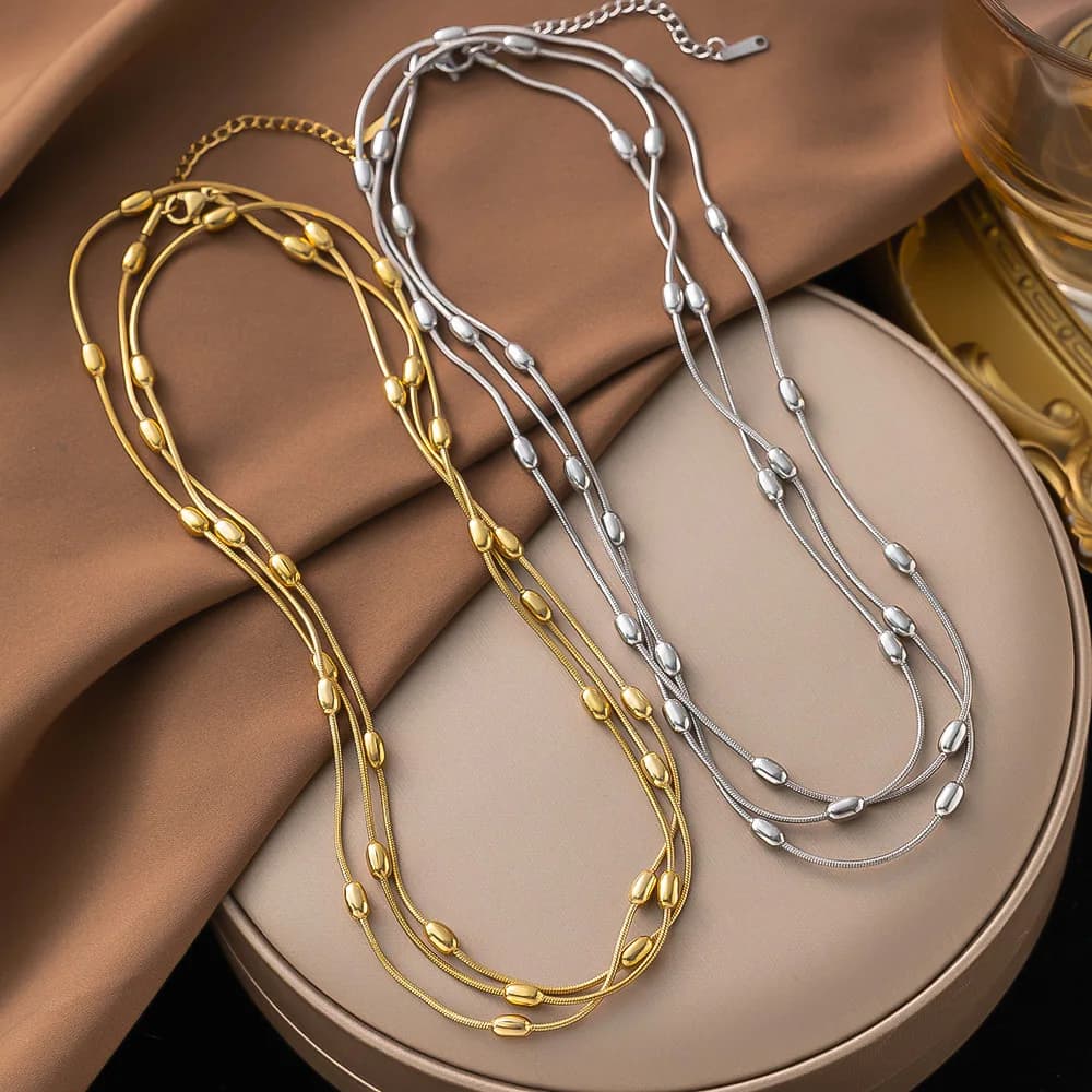 Collana Multistrato in Acciaio Inossidabile Color Oro e Argento per Donne, Gioiello Impermeabile alla Moda, Regalo Bijoux