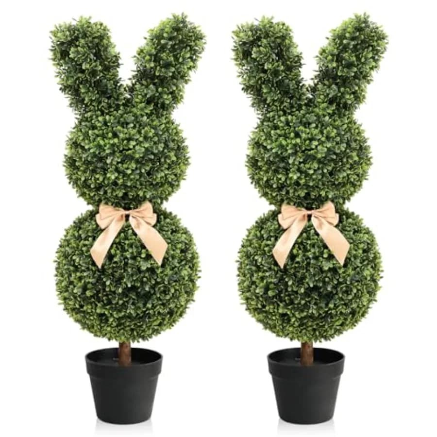 Pack of 2 Artificial Topiaria Trees in Easter Rabbit Shape in Bosso Finto from 35 Inches with Plastic Vase - Fin Plants