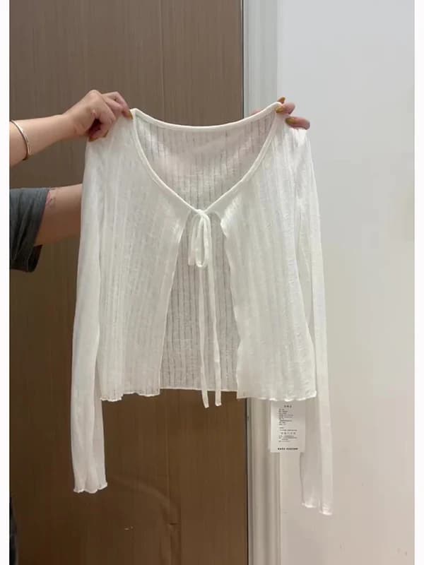 plus Size Women's White Ice Silk Sun Protection Open Cardigan Summer Outerwear Thin Shoulder Shawl Wrap Belted Coat Korean Style