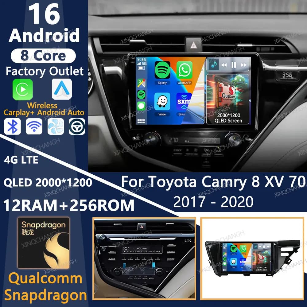 Android 16 Car Radio For Toyota Camry 8 XV 70 2017 - 2020 Head Unit Multimedia Video Player BT QLED Carplay Auto 4G LTE 5G WIFI