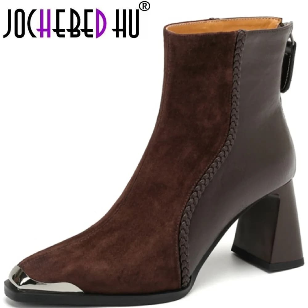 【JOCHEBED HU】 Stivaletti da donna fatti a mano in vera pelle patchwork con cerniera posteriore tacco medio spesso elegante stile donna quotidiano 34-40