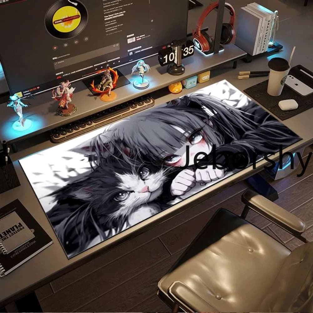 Tappetino per mouse da gioco grande con ragazza anime dai capelli neri e gatto, tappetino da scrivania bianco e nero, regalo ideale