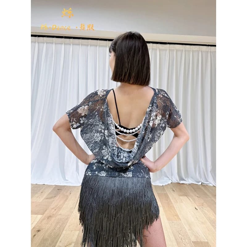 Sexy Latin Dance Wear Women Pearl Mesh Tops Full Tassel Skirt Adult Rumba Cha Cha Dance Practice Clothes Performance Wear SS2033