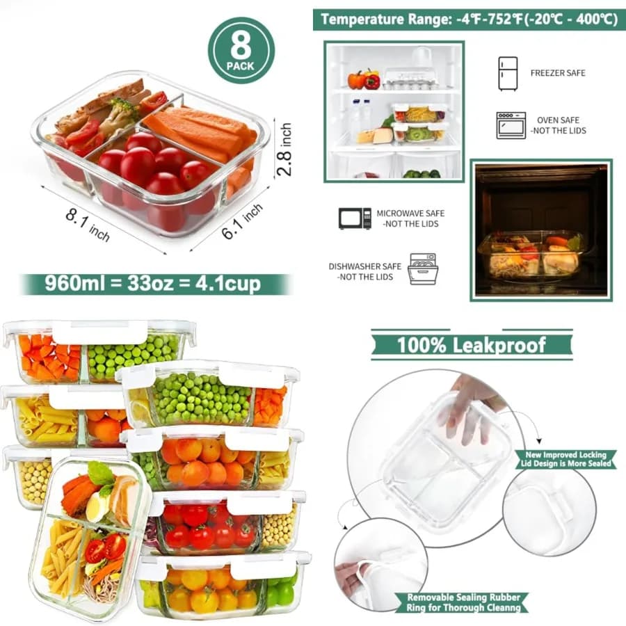 Set di 8 Contenitori in Vetro per Preparazione Pasti con 3 Scomparti, Contenitori per Alimenti in Vetro da 33oz con Coperchi, Scatole Bento Ermetiche per Pranzo, Senza BPA