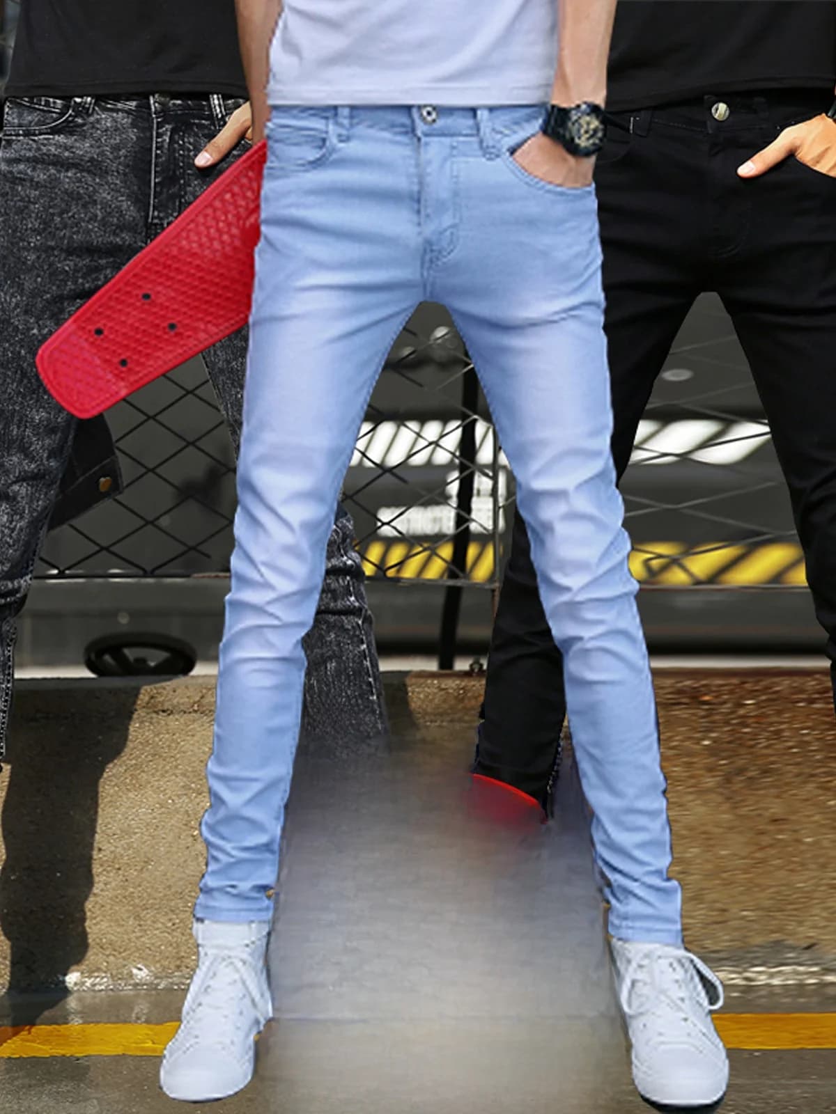 Jeans casual da uomo blu, slim fit, elasticizzati, a gamba dritta, invernali, foderati in pile, alla moda, pantaloni lunghi
