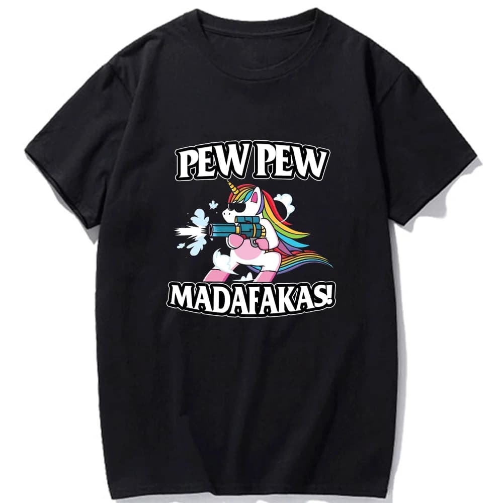 Pew Pew Madafakas Unicorn with Two Guns Printing Men Women T Shirts Summer Tops Funny Clothes Hip Hop Street Tees Women Clothing