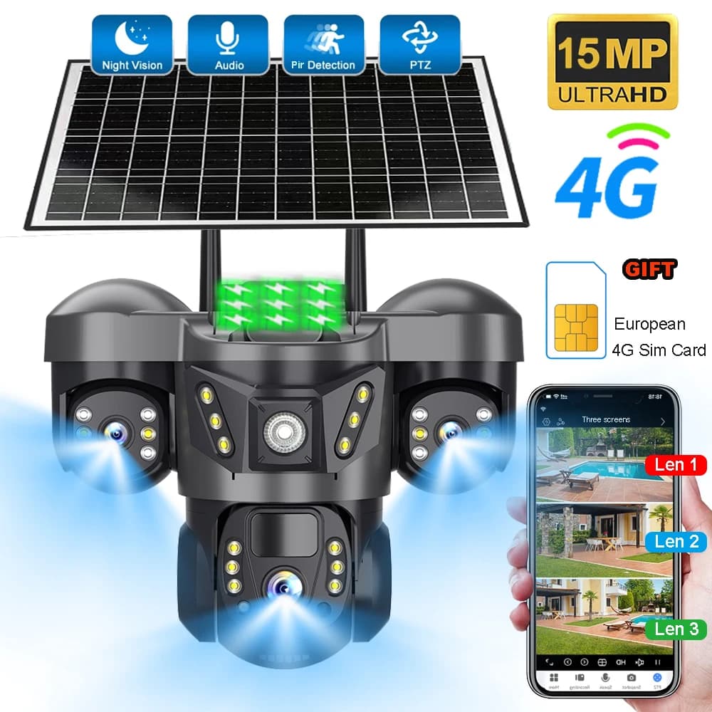 Telecamera 4G a energia solare con scheda SIM Europa Tripla lente Tre schermi Batteria esterna impermeabile CCTV Sicurezza V380 Video Camaras