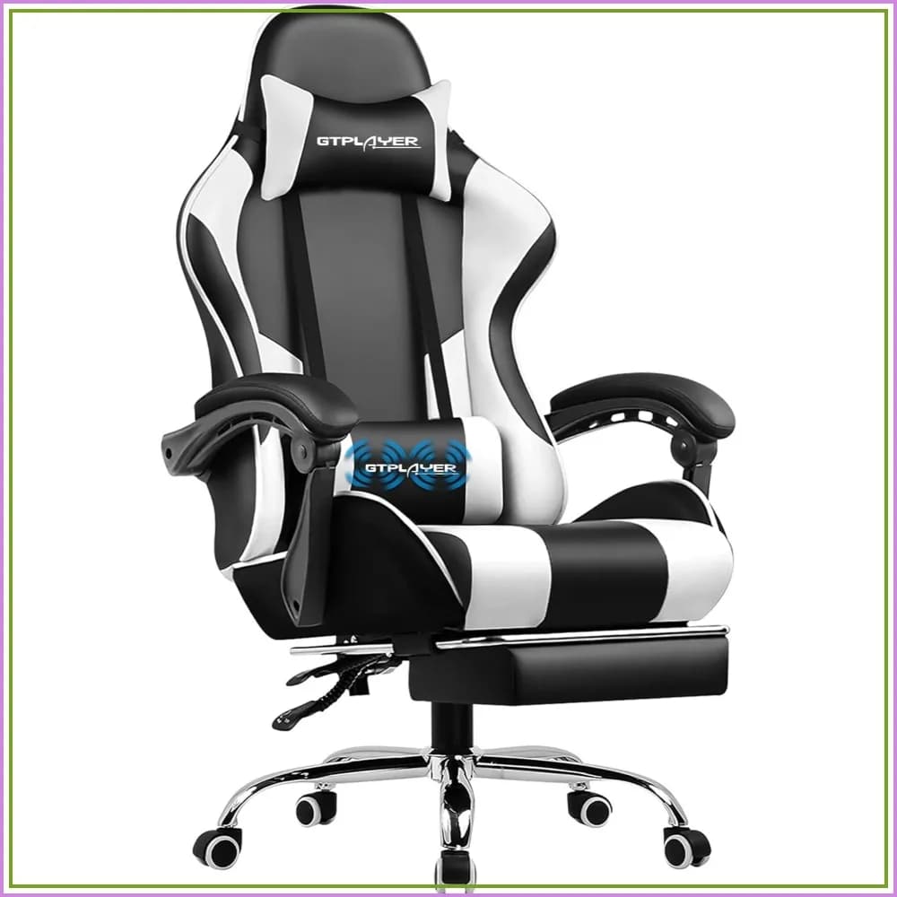 Gaming Chair with Footrest, Lumbar Support, Height Adjustable, 360° Swivel, Pearl White