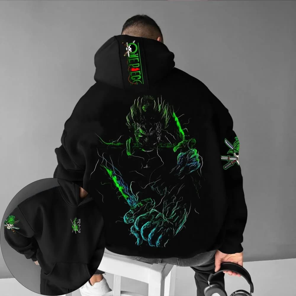 ONE PIECE Felpa con cappuccio da uomo Roronoa Zoro Anime giapponese Estate Autunno Ragazzi Pullover a maniche lunghe per bambini Abbigliamento genitore-figlio