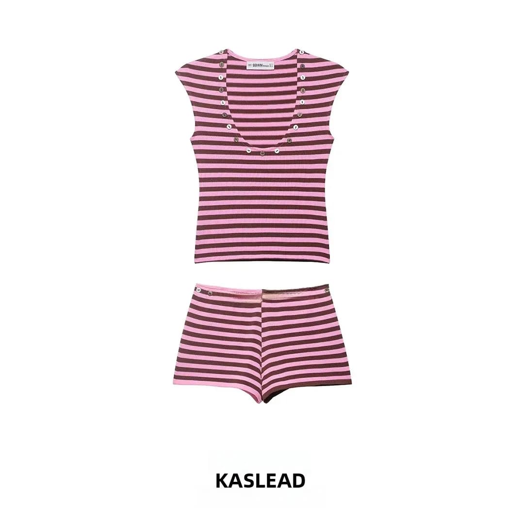 KASLEAD New Women's Fashion Striped Button Decorated Top Shorts Set Short Length Spring Season Brand Unbranded Ladies Ensemble