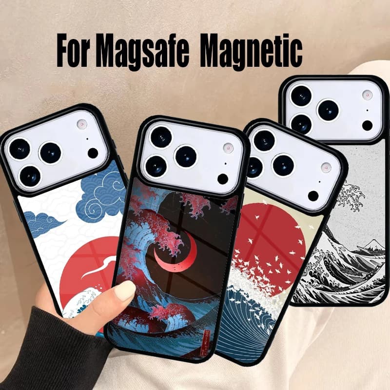 Custodia per telefono con gru in volo e onde marine, arte giapponese, per iPhone 17 Air 16e 15 14 13 12 11 Pro Max Plus, Cover Magnetica Magsafe