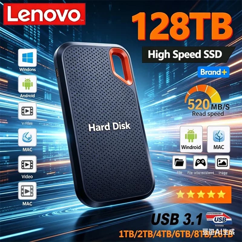 Disco Rigido Esterno USB Lenovo E60 da 256TB, 2TB, 8TB, 128TB, USB 3.1, Dispositivo di Archiviazione Mobile