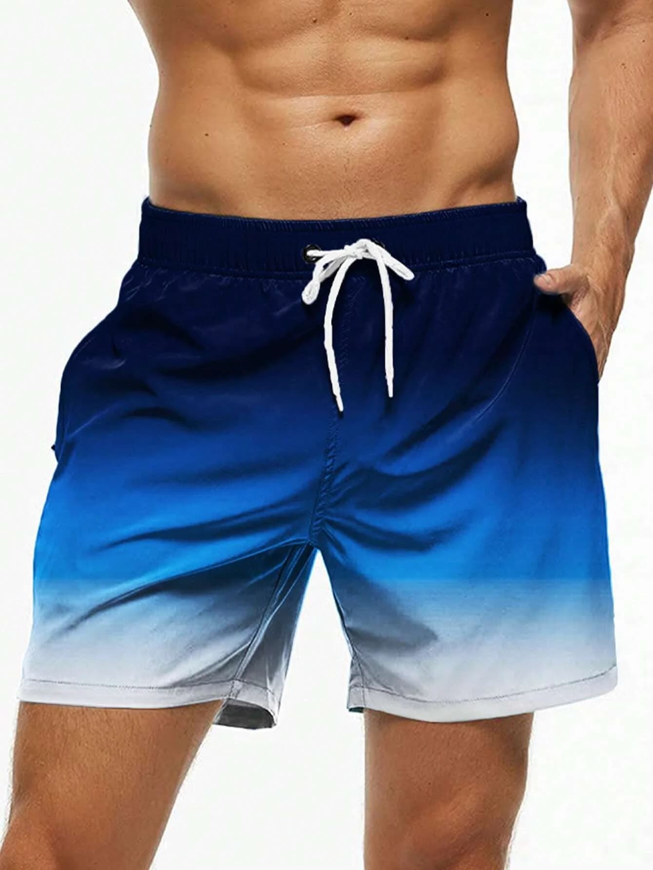 Men's beach shorts, gradient color patchwork drawstring swim trunks, elastic waistband, 3D print, breathable street style.