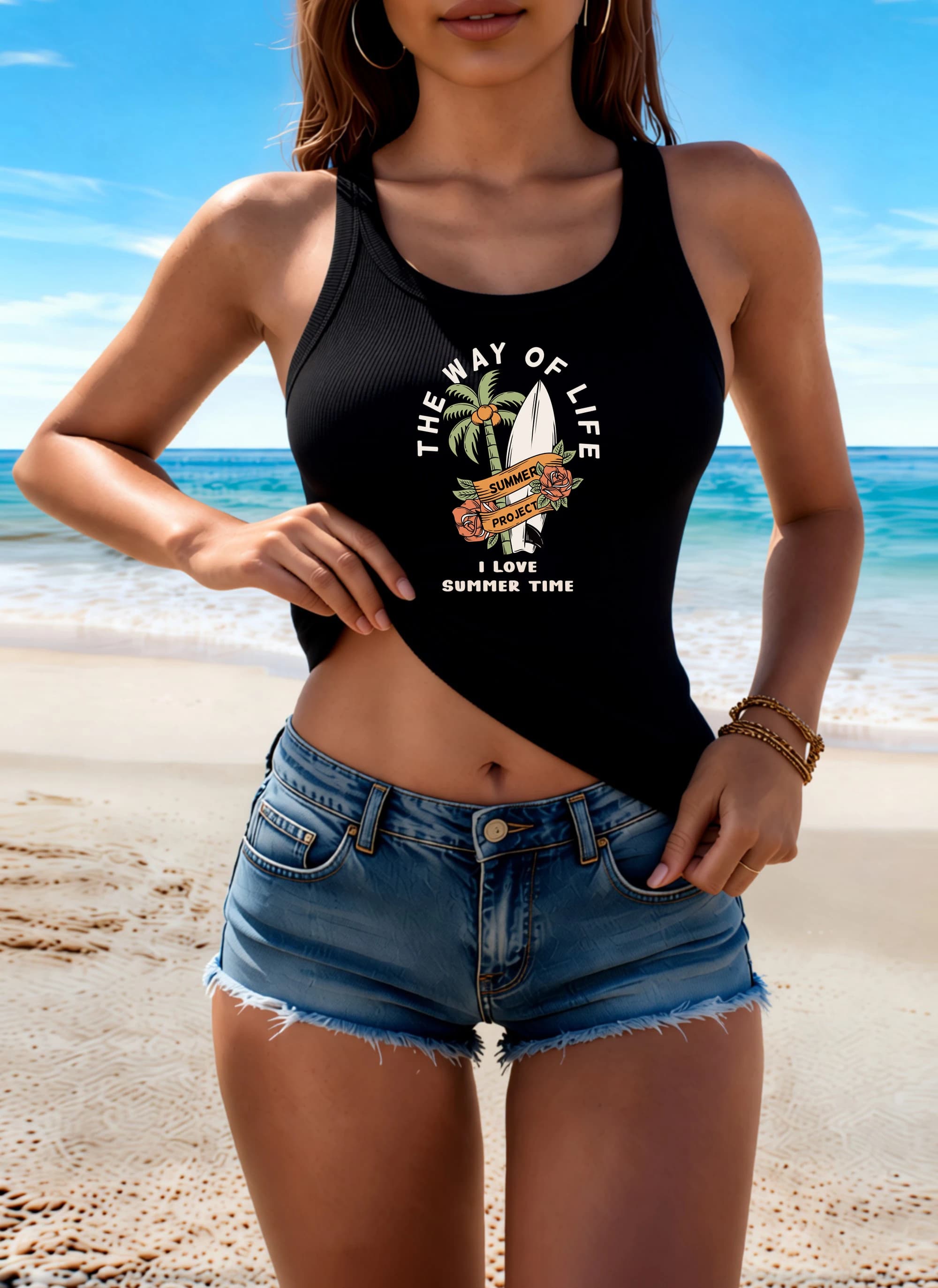 Canotta Estiva Coreana con Stampa Albero di Cocco e Surf, Top da Donna per Fitness, Canotta in Cotone alla Moda, Morbida e Confortevole